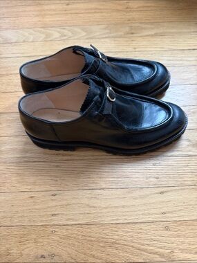 No. 6 Black Leather Slip-On Loafers with Gold Buckle